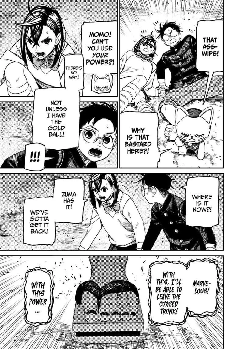 Okarun, Momo, and Turbo Granny fall to the ground. They get up, and Okarun needs the gold ball to transform.