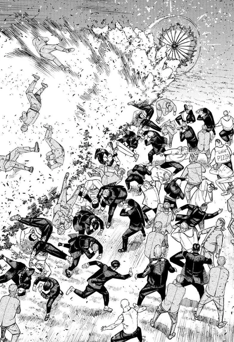 Cursed Zuma opens his umbrella and fires at the students. The stoned students are blown away, while some dodge.