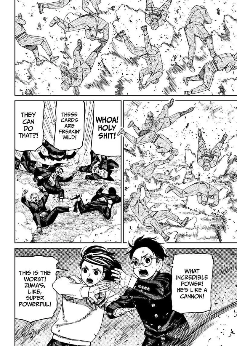 The stone students flip and tumble, but they turn back to normal unharmed. Momo and Okarun are shocked at Zuma's power.