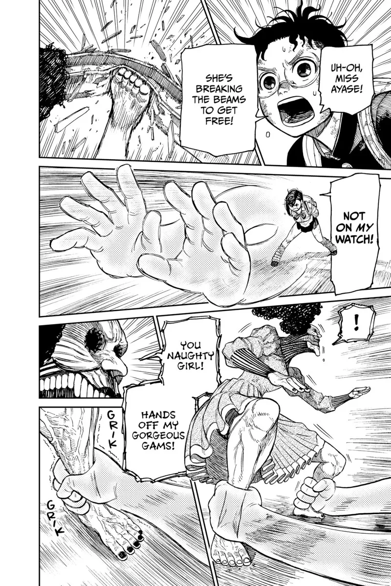 Okarun tells Momo Acro-Silky is breaking the beams. Momo uses her telekinetic hands and grabs Acro-Silky's feet.