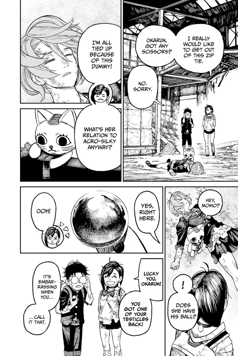 Turbo Granny, Momo, and Okarun approach the unconscious Aira. Okarun holds one of his golden balls.