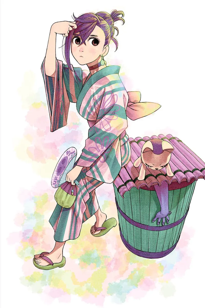 Color image of Momo Ayase wearing a nice kimono and Turbo Granny covering the lid of a wooden bucket where an arm emerges.