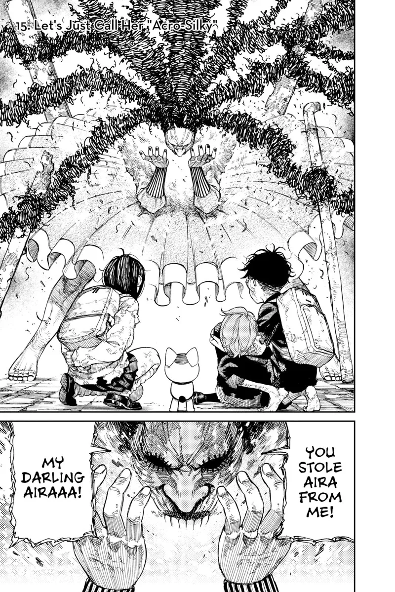 Cursed-Okarun, holding the unconscious Aira, Turbo Granny, and Momo, crouches in front of the crying Acrobatic Silky.