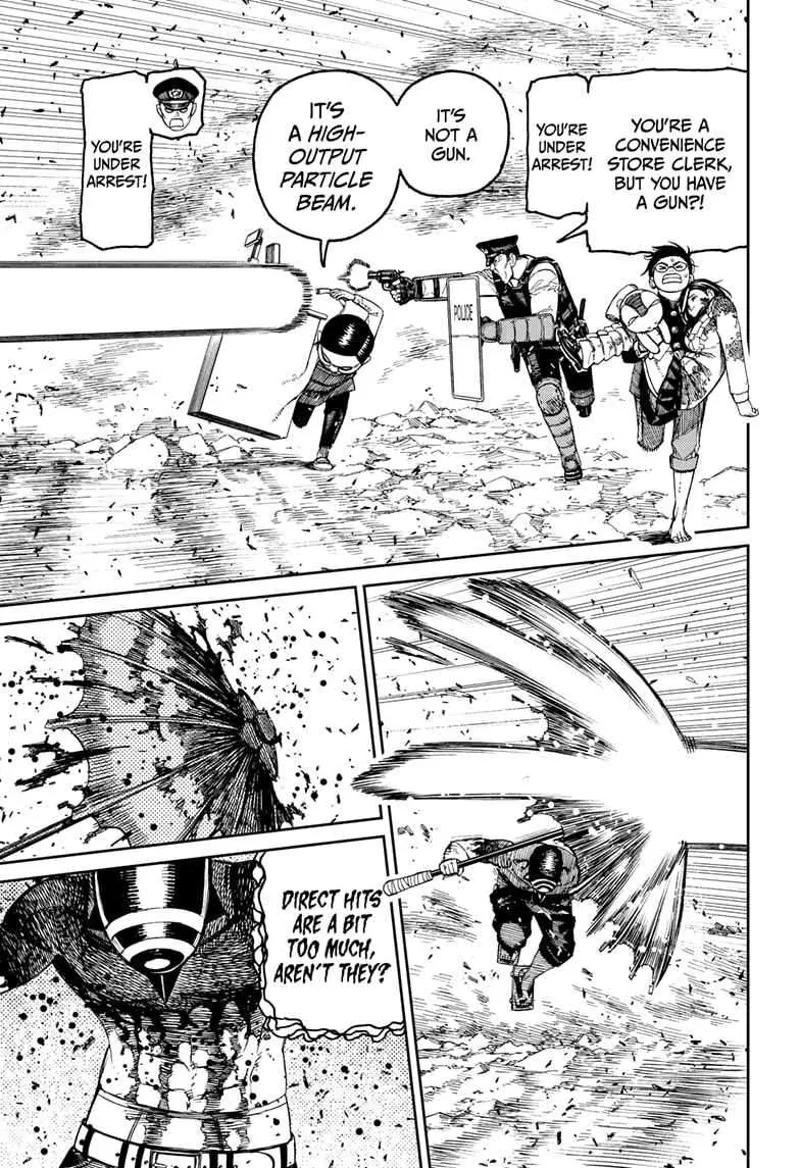 Okarun runs while carrying Momo and Turbo Granny. The cop and Rokuro fire at cursed Zuma. The cop wants to arrest Rokuro.