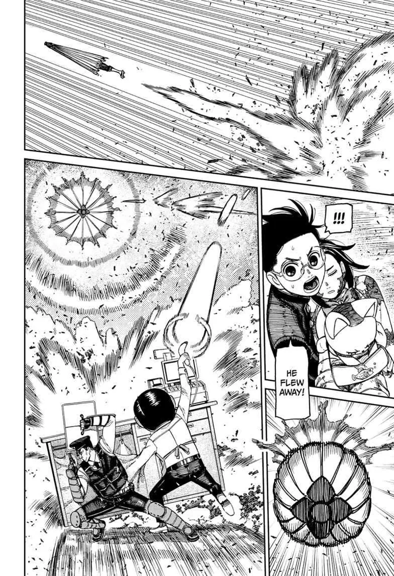 Cursed Zuma jumps and hovers in the air using his umbrella. Rokuro and the cop fire at him.