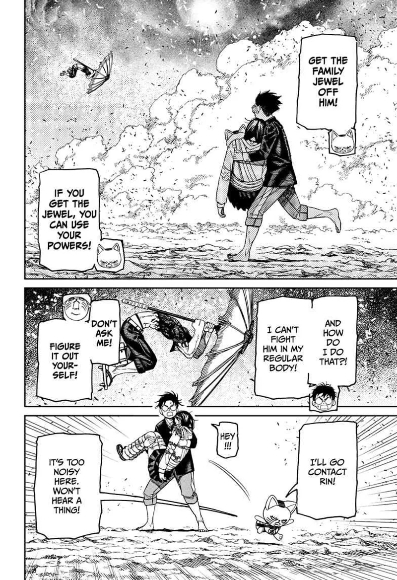 Okarun runs while carrying Momo. Turbo Granny tells him to fight cursed Zuma. She walks away to contact Rin.