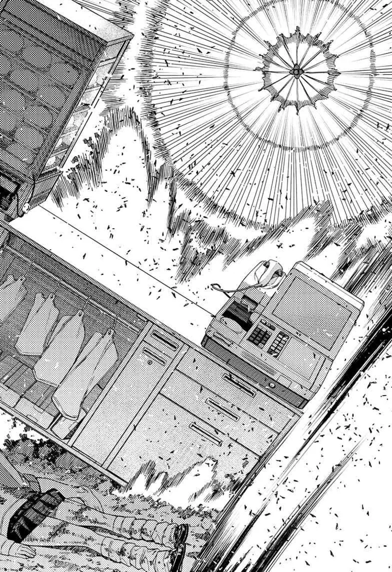 Zuma fires a powerful blast, but a grocery checkout counter appears and shields Momo and Okarun from the attack.