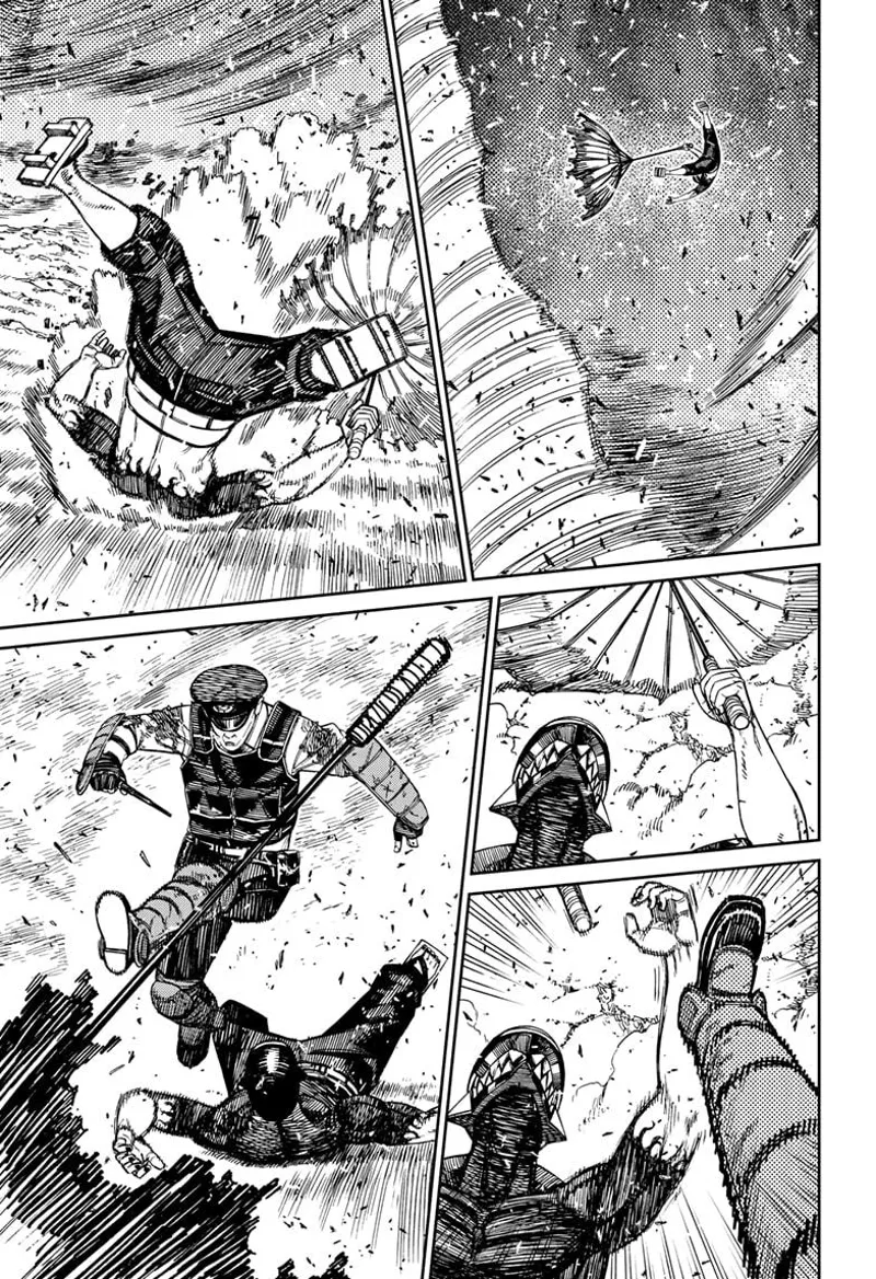 Cursed Zuma crashes to the ground, and the cop kicks his umbrella.