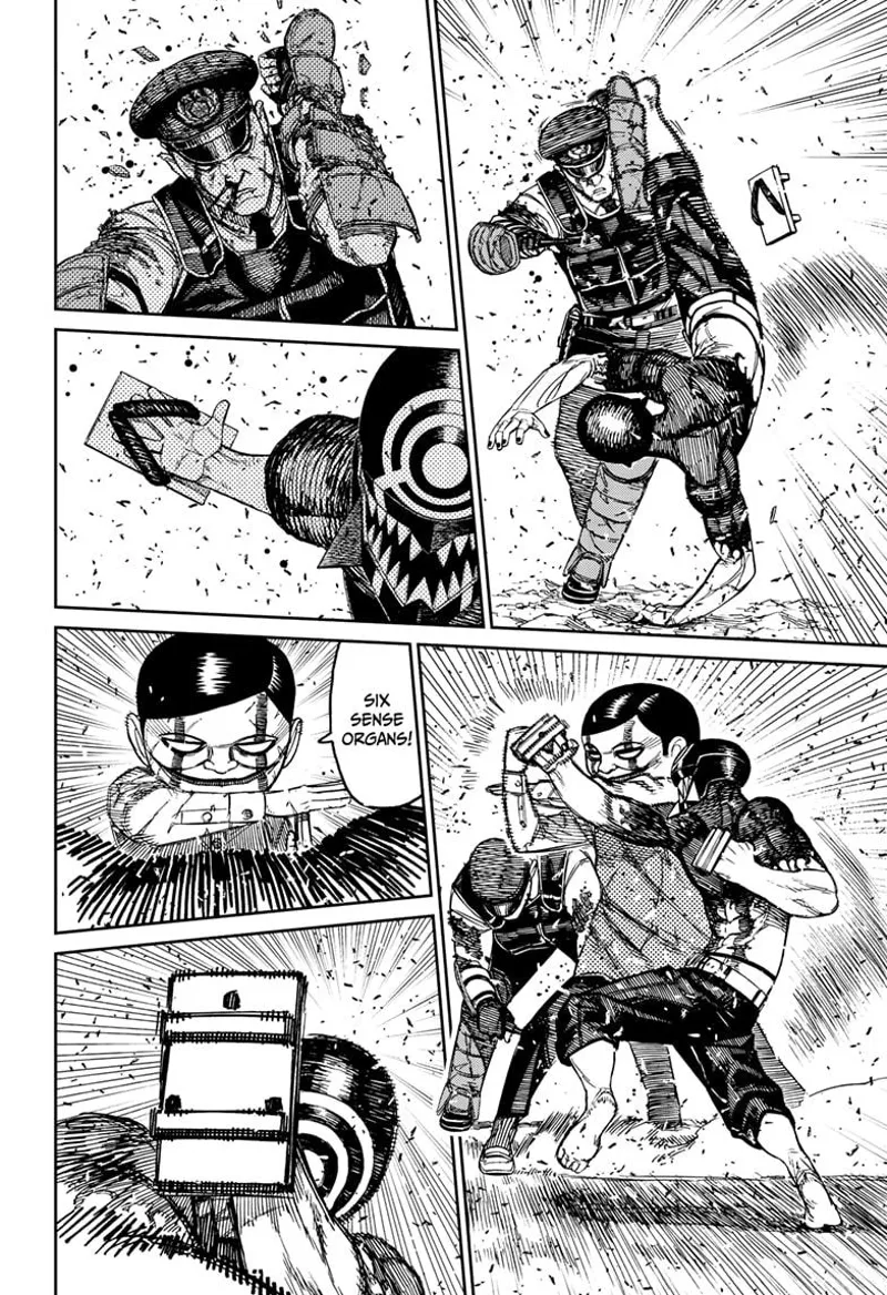 Cursed Zuma kicks the cop, but he blocks it. Serpo blocks his second strike and counters with "Six Sense Organs".