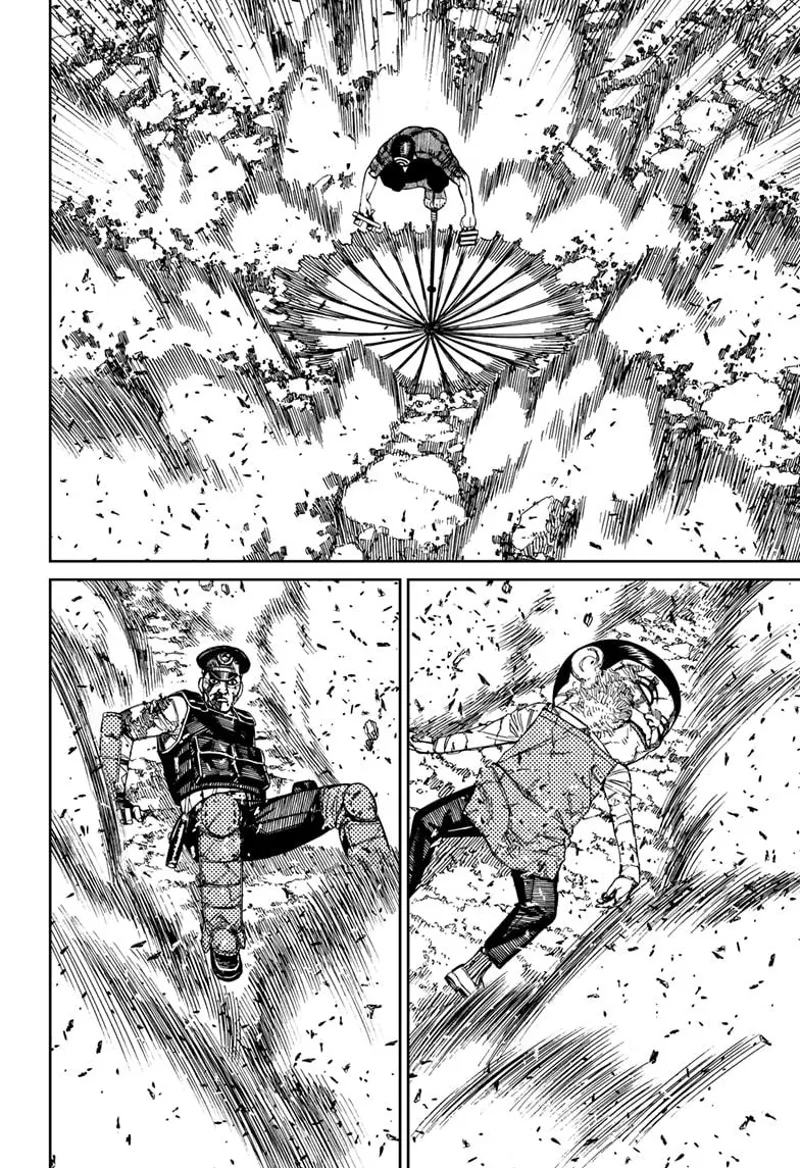 Okarun is lying on the ground, and cursed Zuma attacks him with his umbrella. The ground breaks. The cop and Serpo are down.