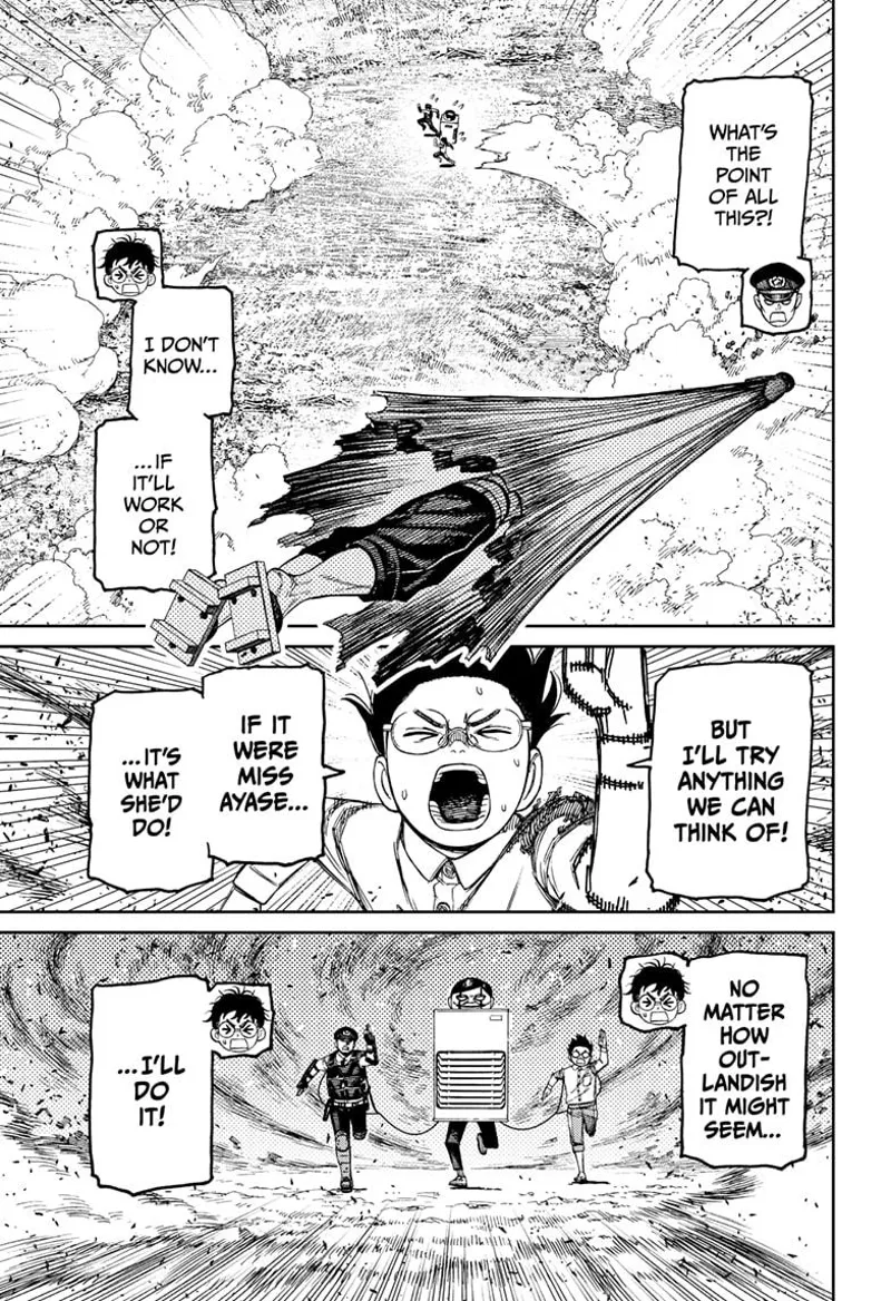 Okarun explains he will try anything to defeat cursed Zuma. Okarun, Serpo, and the cop keep running.