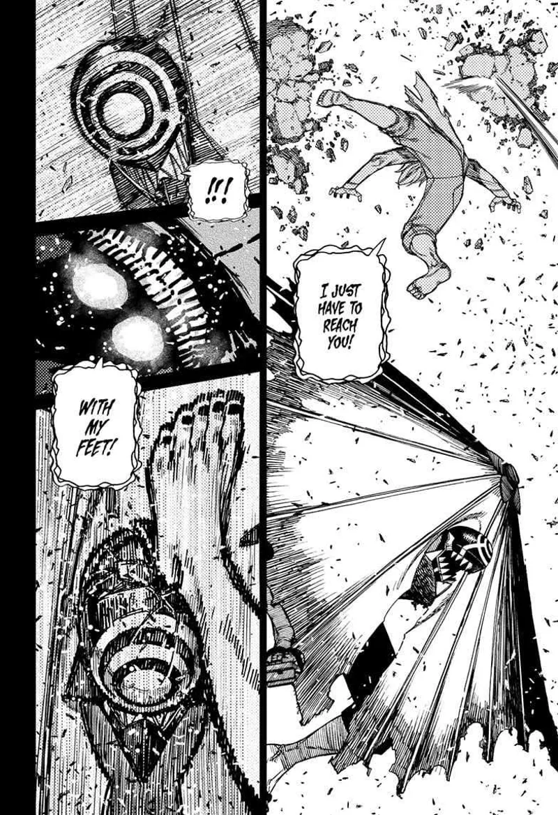 Suddenly, cursed Okarun jumps above 'Brella Boy using the debris. He powerfully kicks 'Brella Boy in the face.