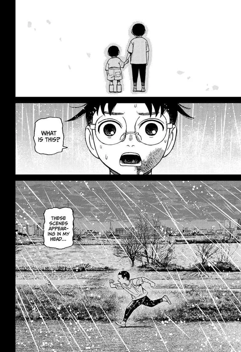 Okarun wonders about a boy and his sister he's seeing. The young boy is running while it is raining.