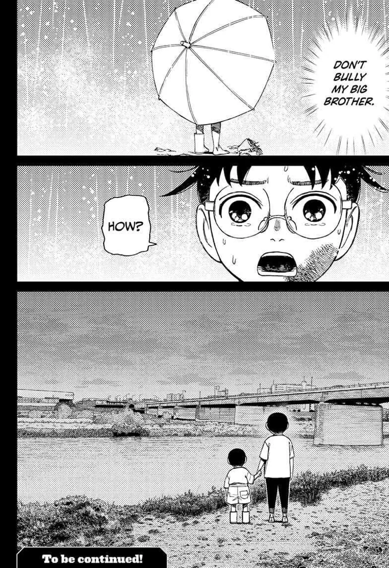 Okarun gets teary-eyed after seeing the kid in an umbrella and young Unji holding a child's hand near a river.