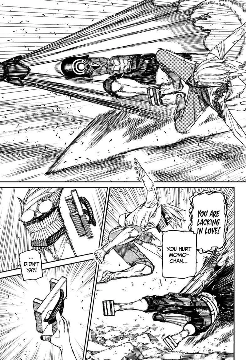 Cursed Okarun and Brella Boy seem to fight equally. Cursed Okarun dodges 'Brella Boy's kick and Geta sandal.