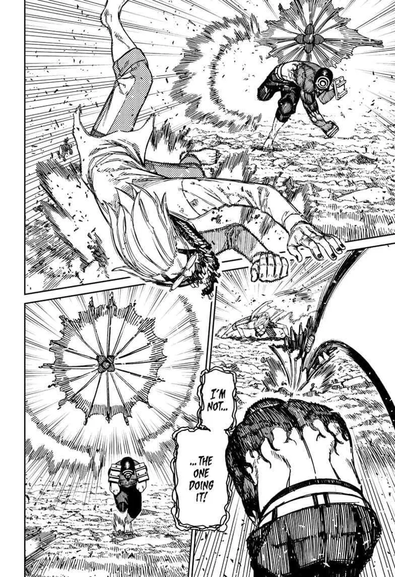 Cursed Okarun is thrown away after 'Brella Boy punches him in the face. 'Brella Boy dashes forward with his umbrella behind him.