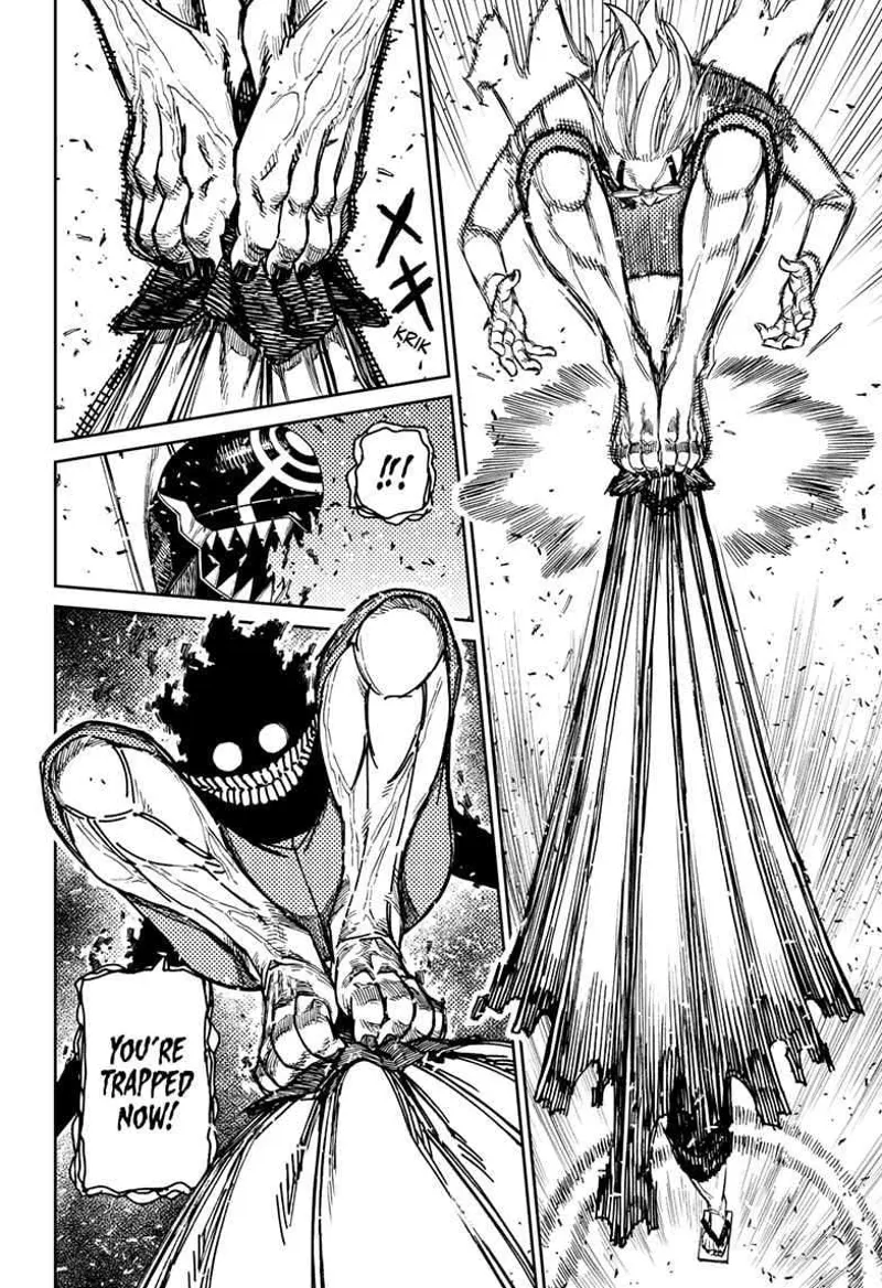 Cursed Okarun puts his feet on the umbrella's tip, trapping and damaging 'Brella Boy. He grins evilly.