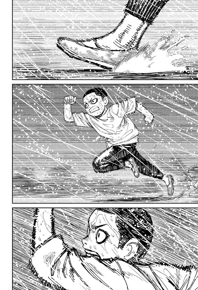 Unji swiftly runs while soaking under the heavy rain and strong wind.