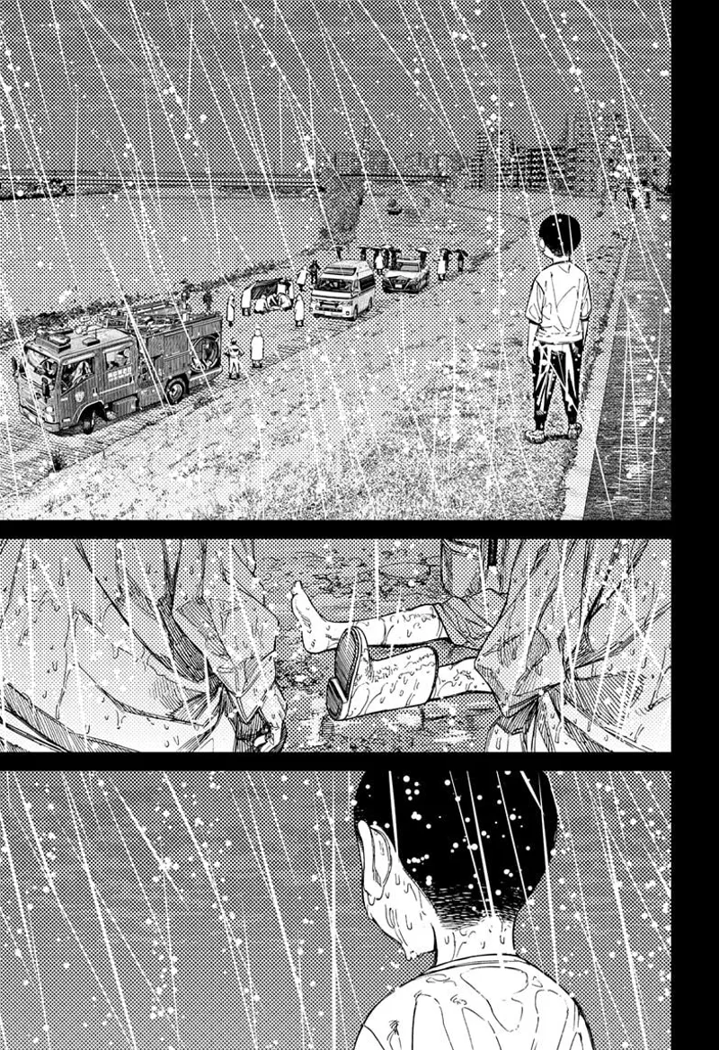 Unji arrives near the river bank. He sees firefighters and medics tendering his dead brother.