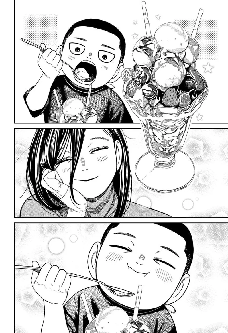 Unji eats delicious desserts while his mom sweetly smiles at him.