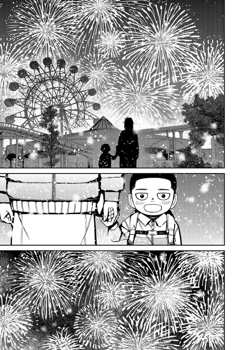 Unji and his mom watch the beautiful fireworks as they stand holding their hands together. Unji is amazed.