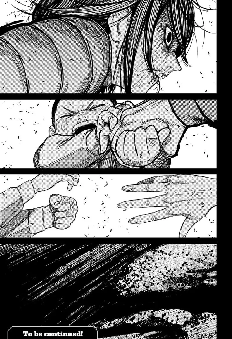 Unji is pulling his mom, who now looks terrible, trying to run to the tracks. His mom lets go of him, and blood spills.