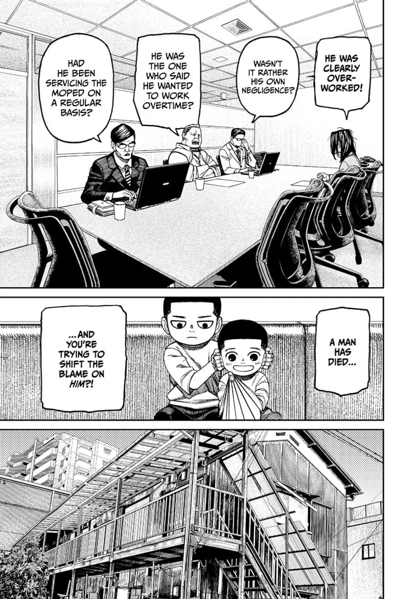 Unji's mom is talking to their father's employer that he died being overworked. The employers shift the blame on him.