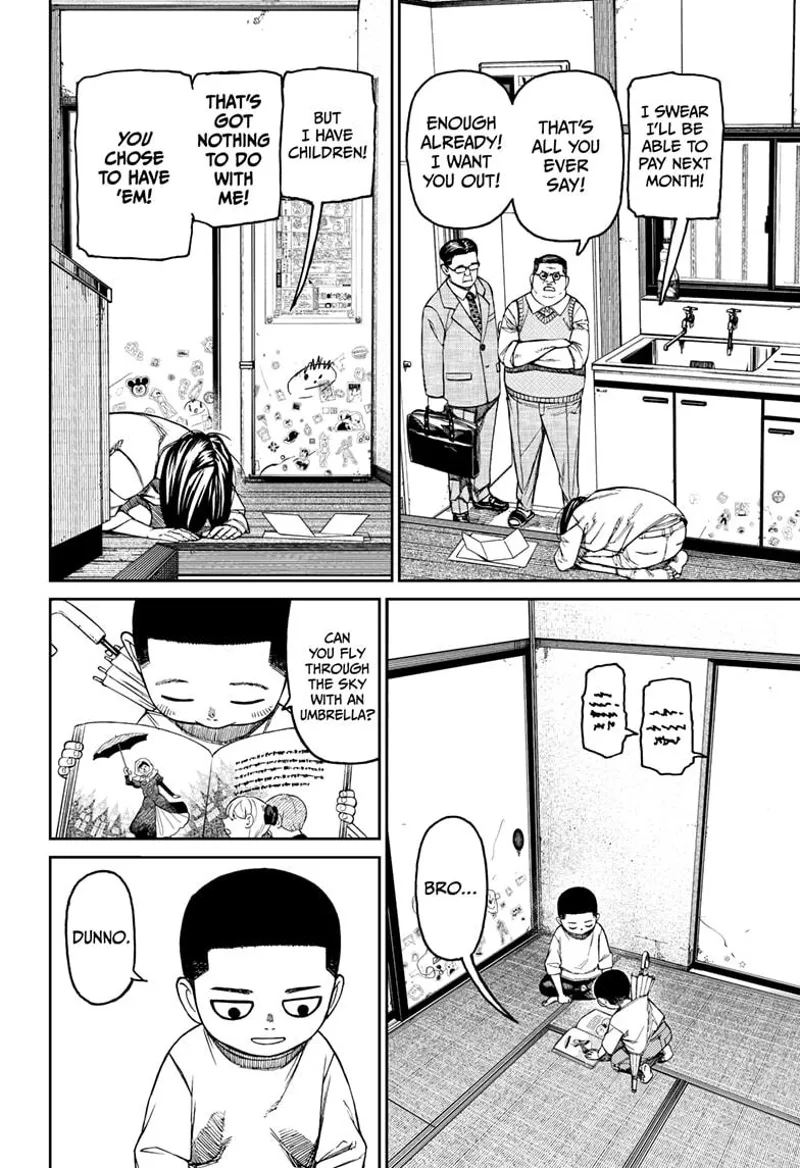 Unji's mom bows on the floor, begging the landlord to let them stay. Unji is with his brother in a separate room.