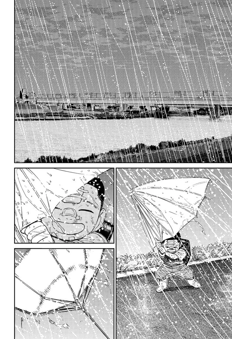 Unji's brother walks near the river holding an umbrella during heavy rain and wind.