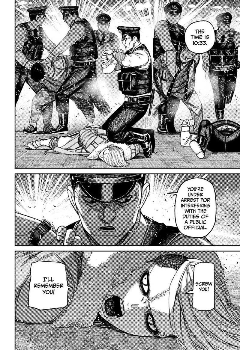 Police backup arrives. The cop that subjugates and arrests Zuma is the one from the police box, also inside the game.