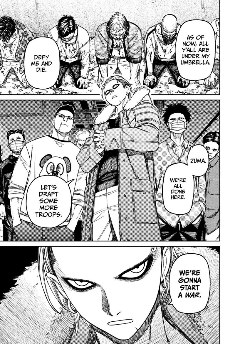 Unji Zuma becomes delinquent and defeats the thugs, who now kneel at him. He has long hair, and his face looks different.