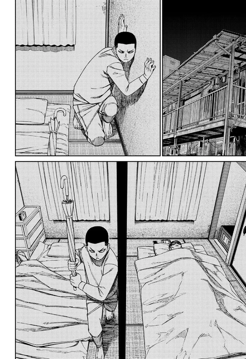 Zuma listens to the wall and walks with his umbrella, sneaking inside Bega's room to strike him.