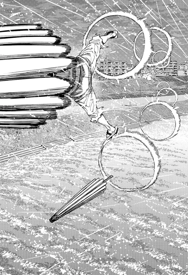 Unji jumps powerfully, using his umbrella.