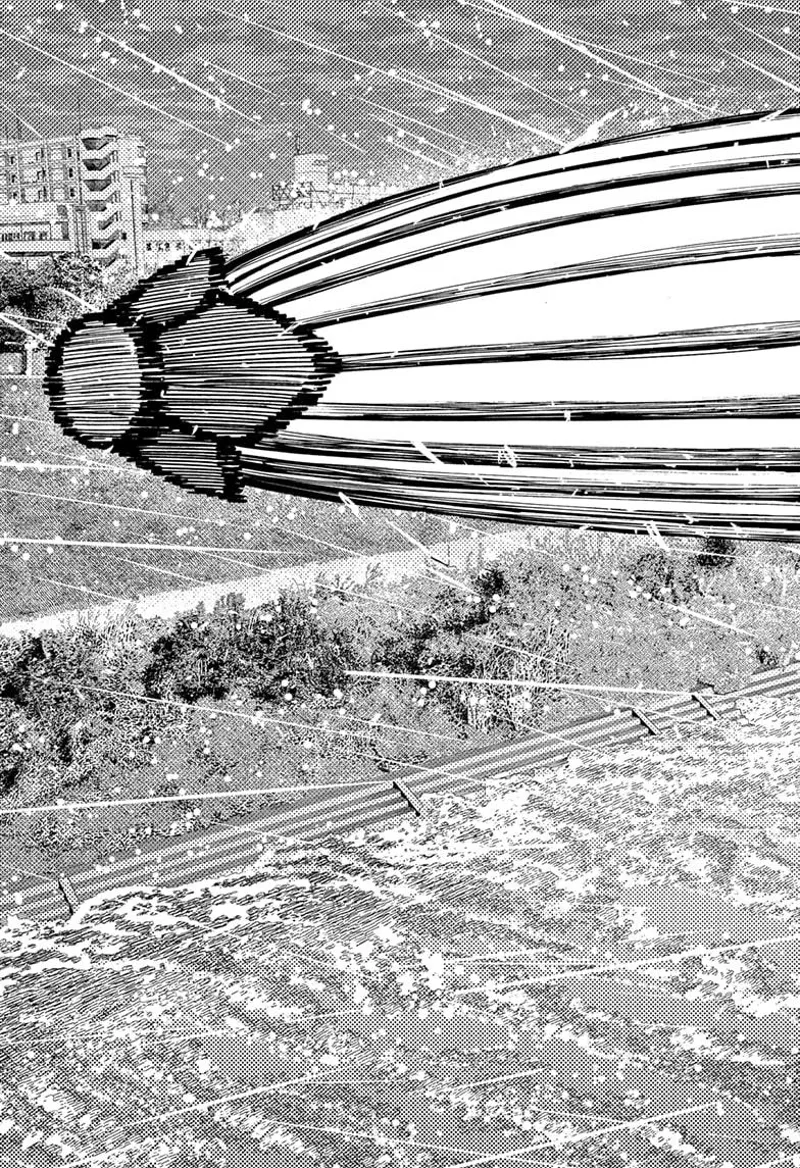 The umbrella passes over the torrential river.