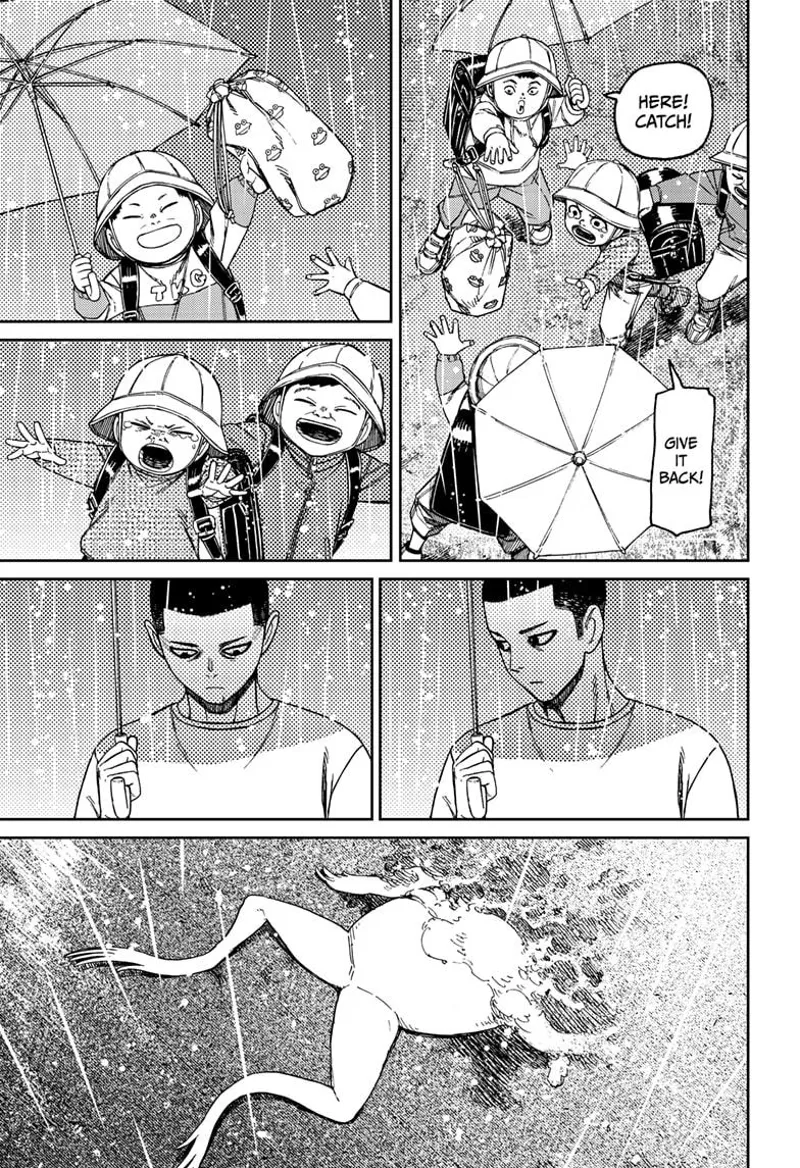 The bullies throw a bag, and the other kid tries to get it back while crying. Unji sees a dead frog on the road.