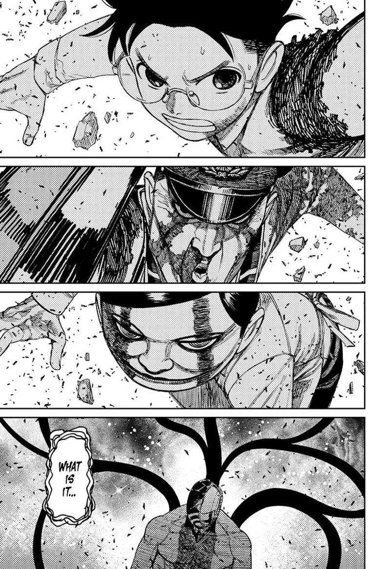 Okarun, Officer Bega, and Serpo prepare to attack Fairy-Tale Card, whose tentacles appear behind cursed Zuma.