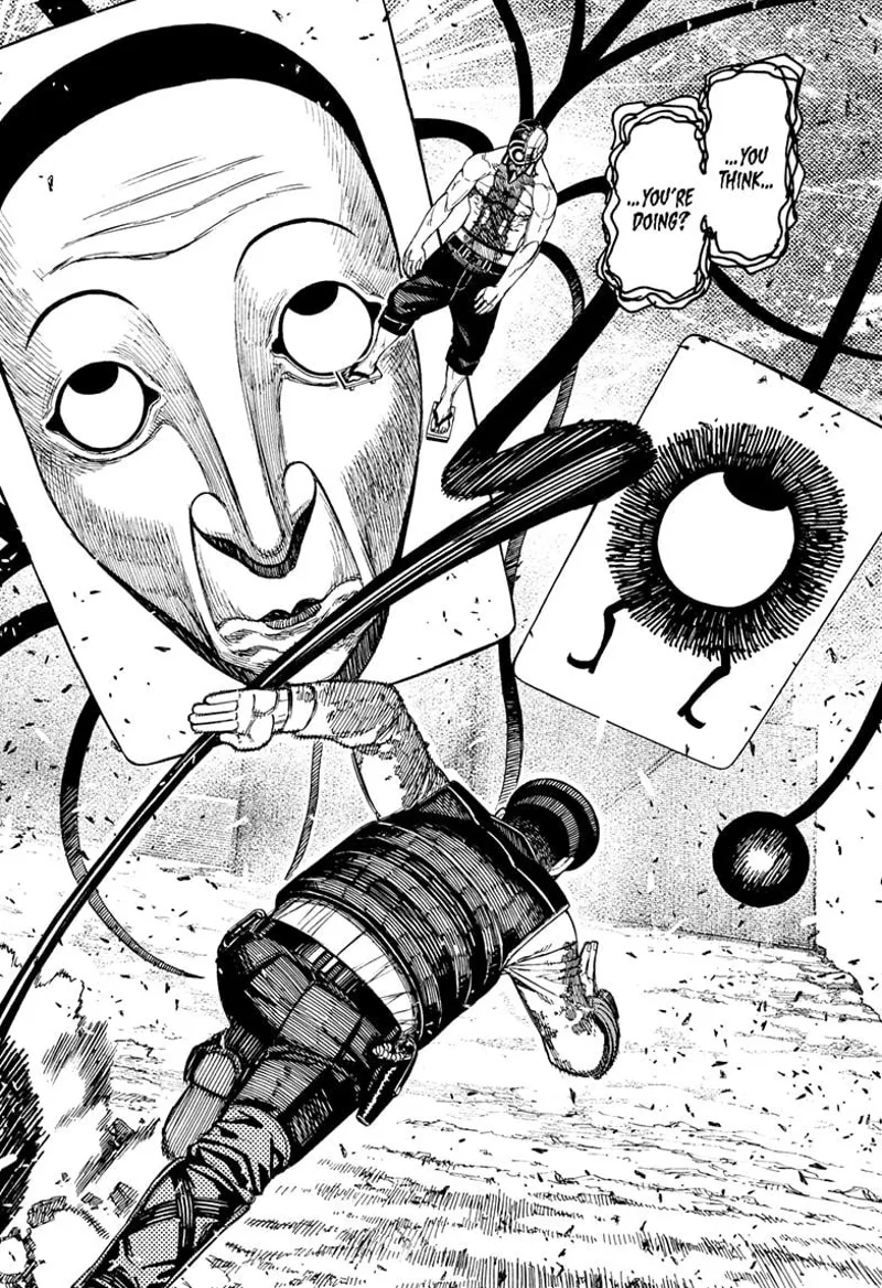 Officer Bega runs towards the images and black tentacles of Fairy-Tale Card Yokai to rescue Unji Zuma.