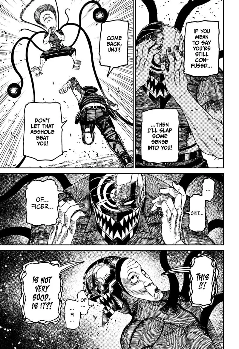 Cursed Zuma grabs his face. Officer Bega ran towards him. Cursed Zuma notices Officer Bega.