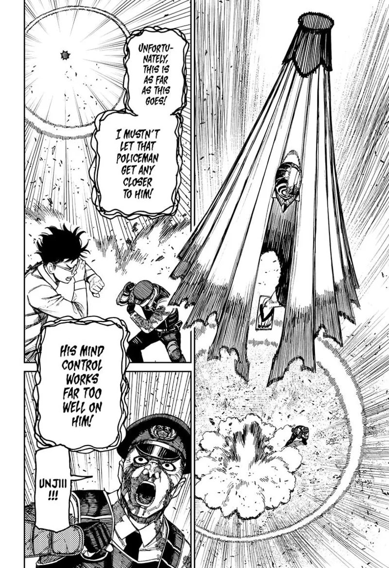 Cursed Zuma jumps up using his umbrella. Officer Bega and Okarun cover their face due to the dust. Officer Bega calls Unji.