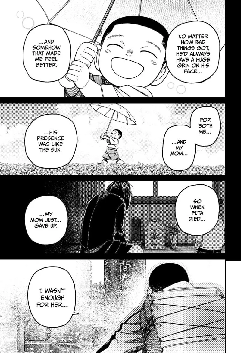 Young Futa is smiling with his umbrella. Unji recalls his mom crying.