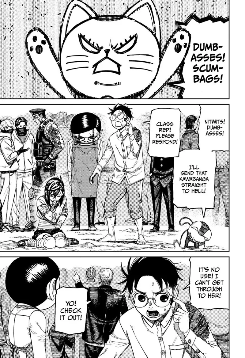 Turbo Granny is very pissed, and she punches the ground. Okarun can't reach Rin. The thugs see something in the sky.