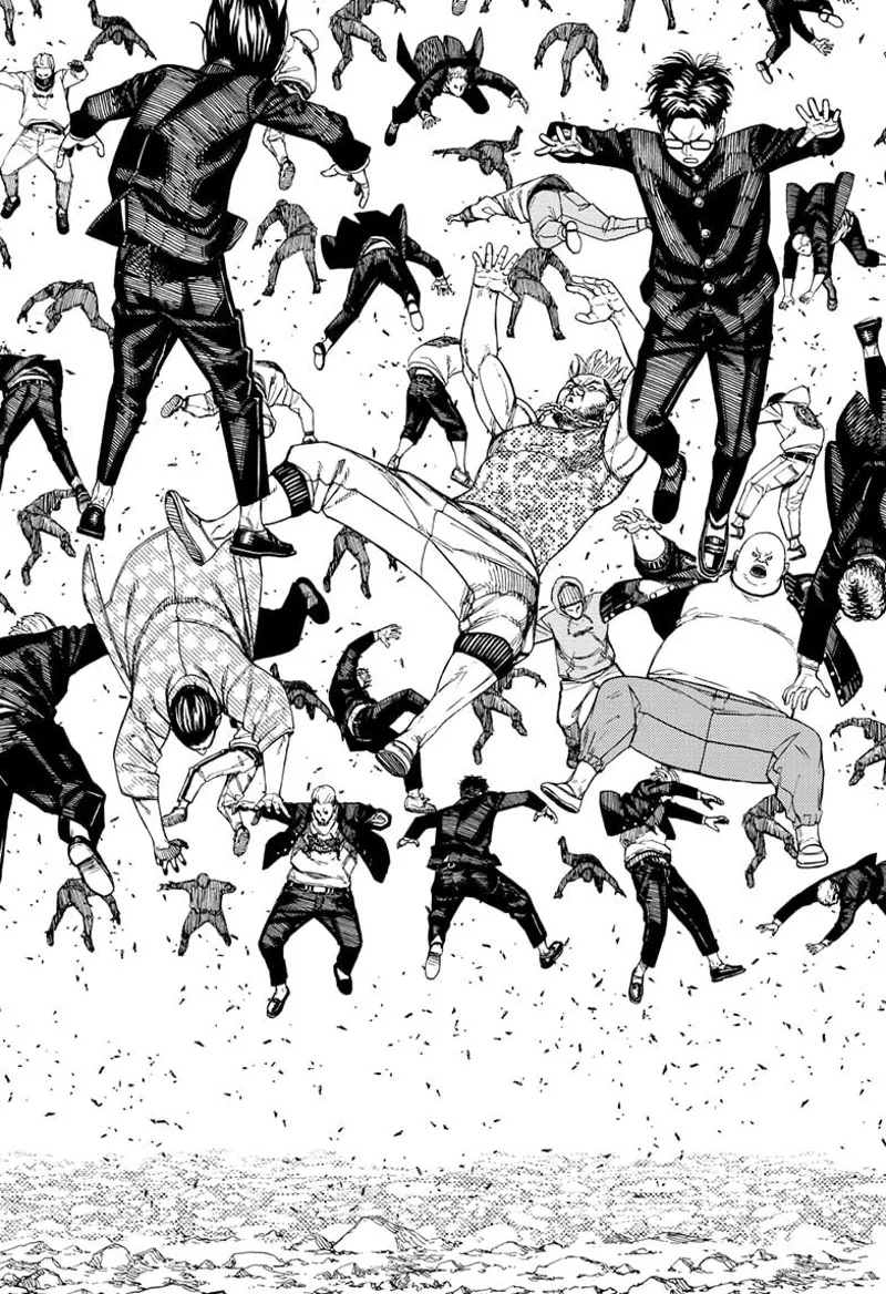 Okarun and the thugs are shocked as they float towards the sky.