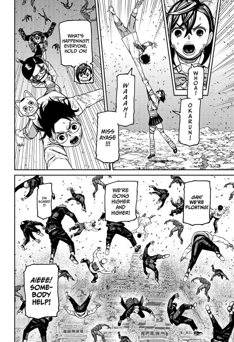 Momo grabs Okarun as he starts floating upwards together with the thugs.