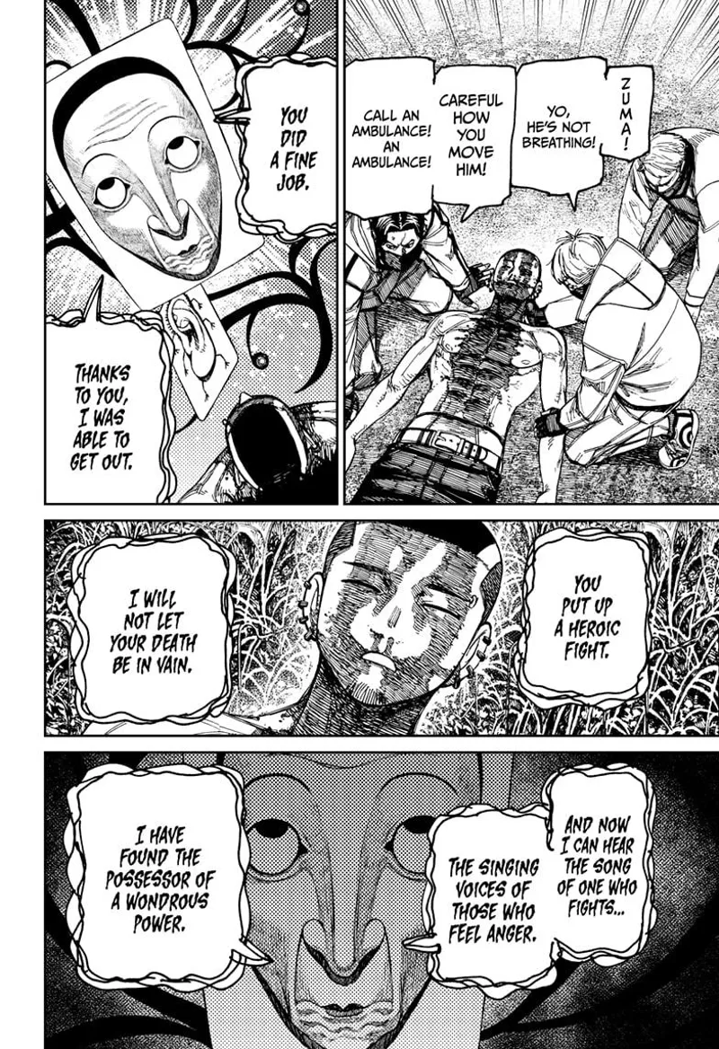 The thugs tend to Zuma and say he's dead. Fairy-Tale Card celebrates and thanks Zuma for his escape.