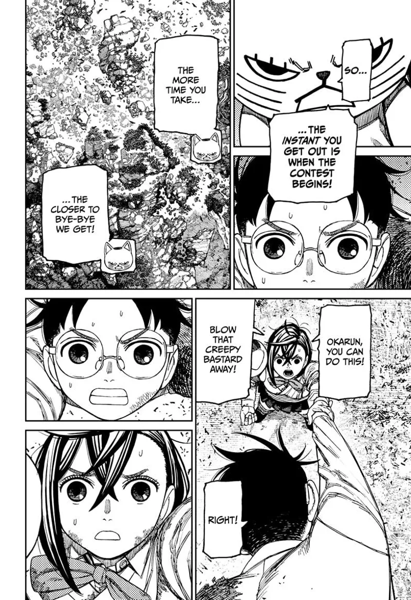 Turbo Granny seriously tells Okarun to defeat Fairy-Tale Card before they perish inside the trunk. Momo stares at Okarun.