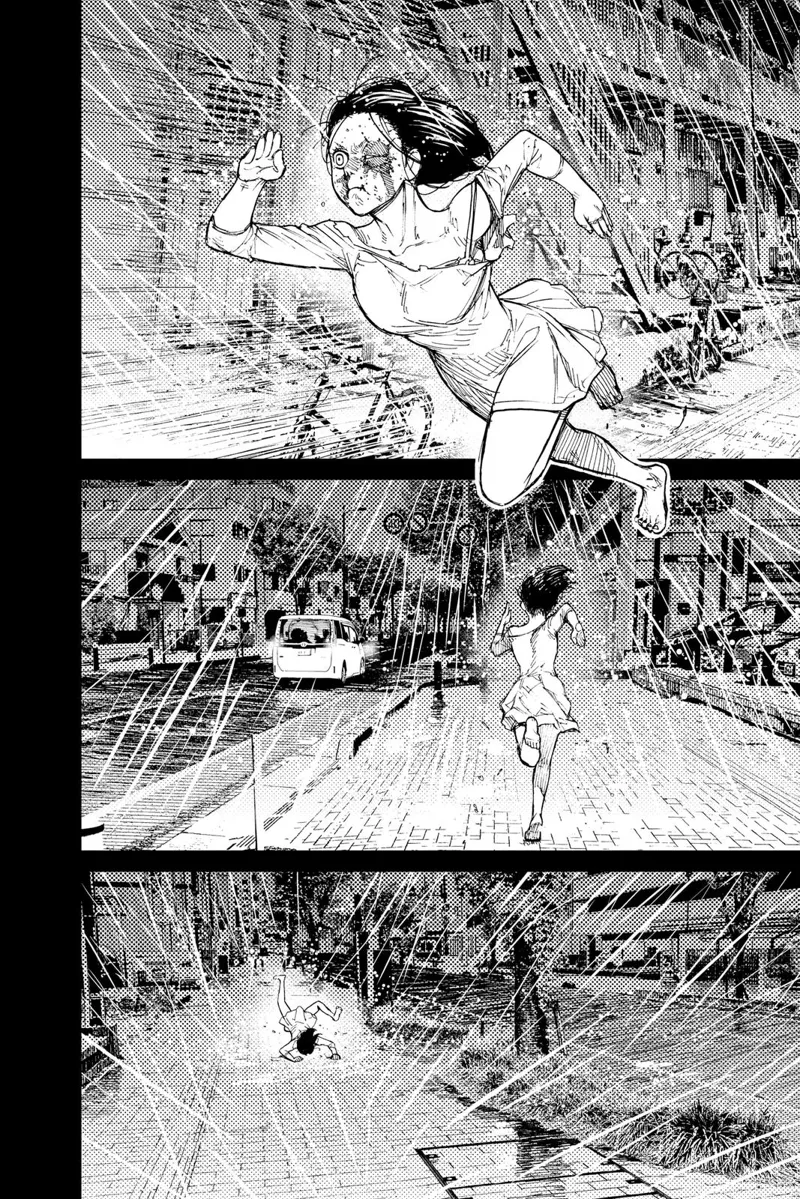 The woman starts running outside amidst the heavy rain. She slipped and fell down face first.