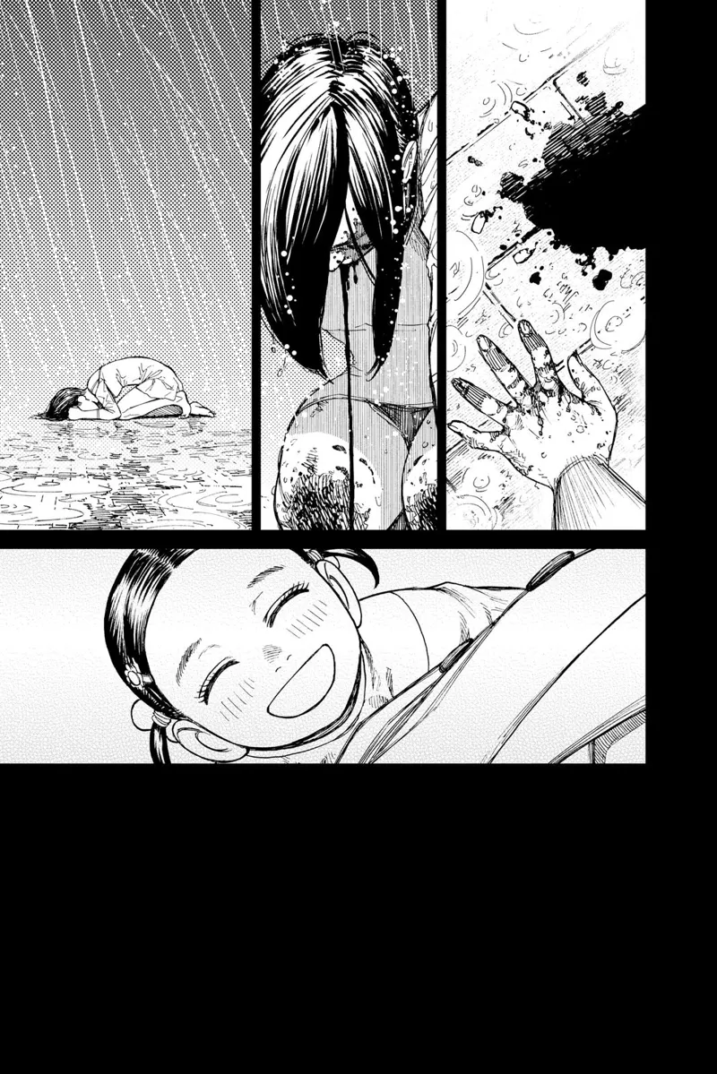 The woman coughs blood and cries while burying her head on the concrete ground. She recalls her child's smiling face.