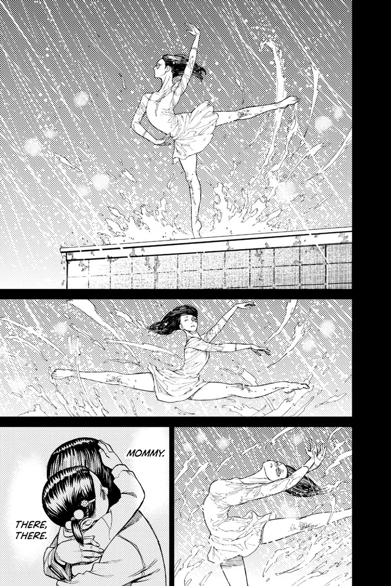 The woman dances ballet near the edge of the building. Water splashes as she performs. She recalls hugging her child.