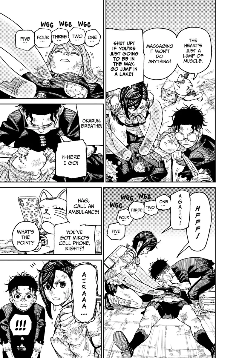 Momo performs chest compression while Okarun performs mouth-to-mouth resuscitation to revive Aira. Turbo Granny just sits.