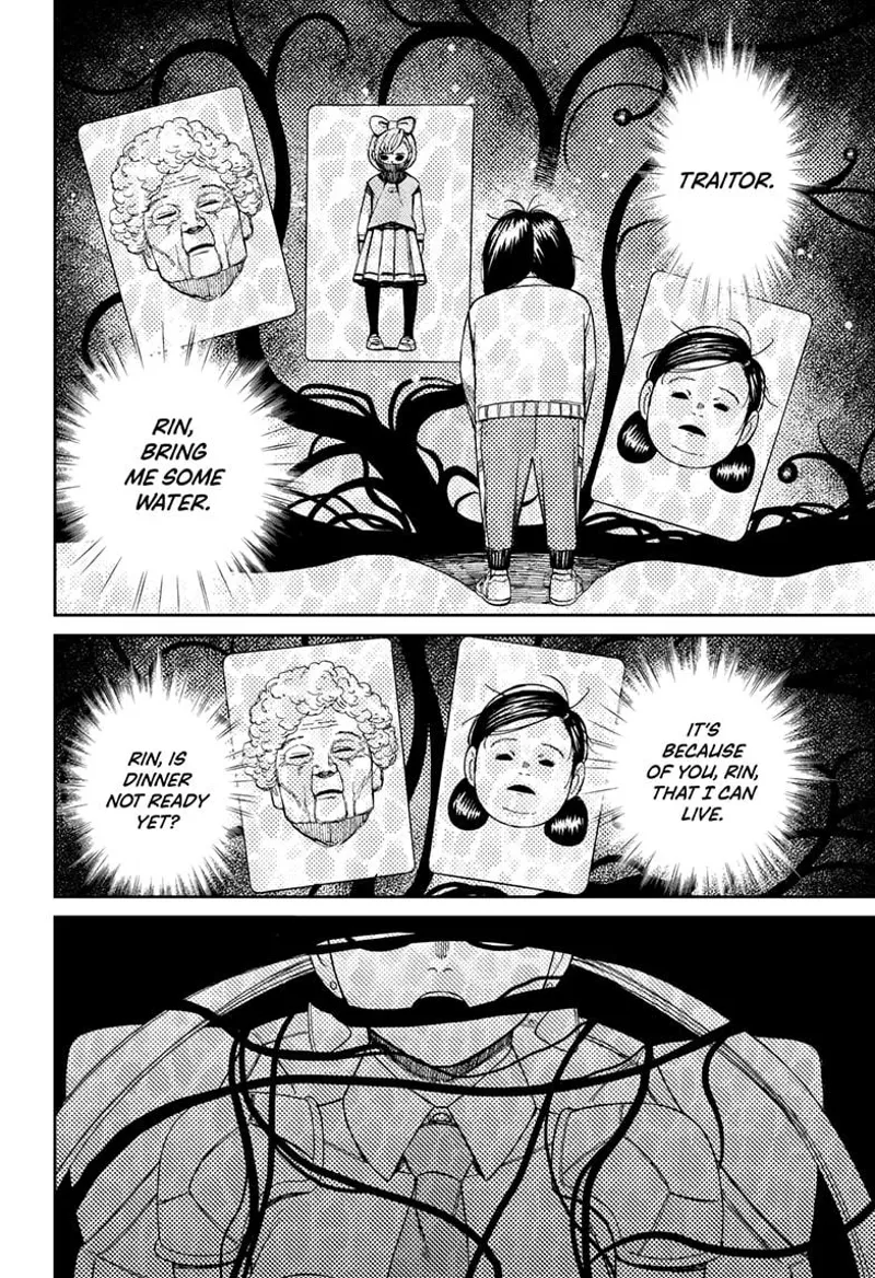 Rin sees her childhood and pictures of her mother and grandma. She recalls their words. Black strings surround Rin.